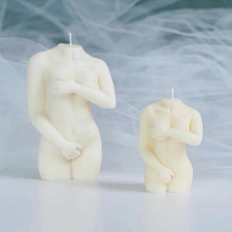 Flexible silicone shy female body candle mould shown in three different design variations.
