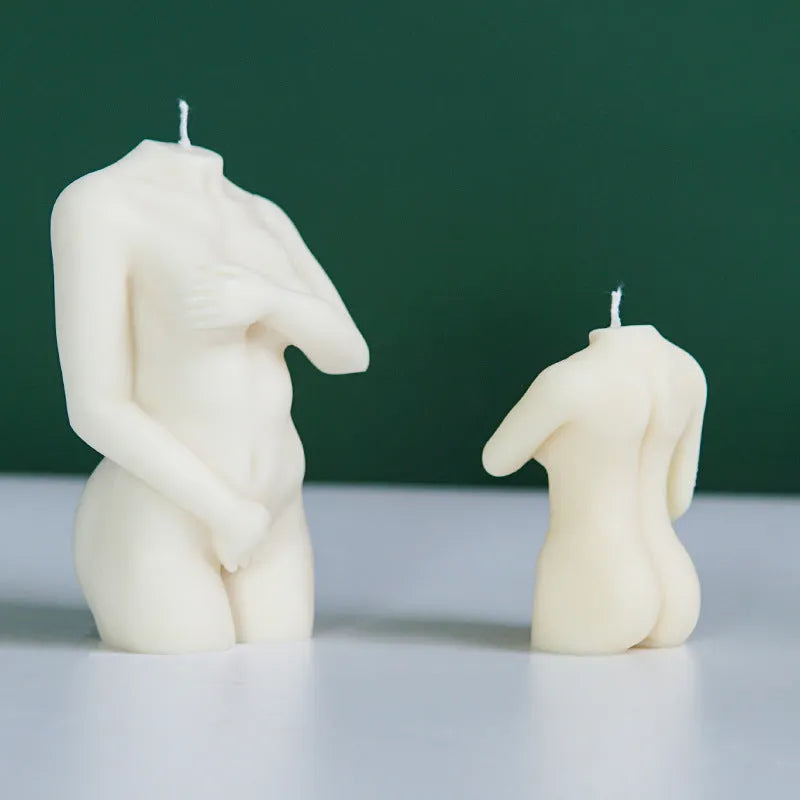 Flexible silicone shy female body candle mould shown in three different design variations.