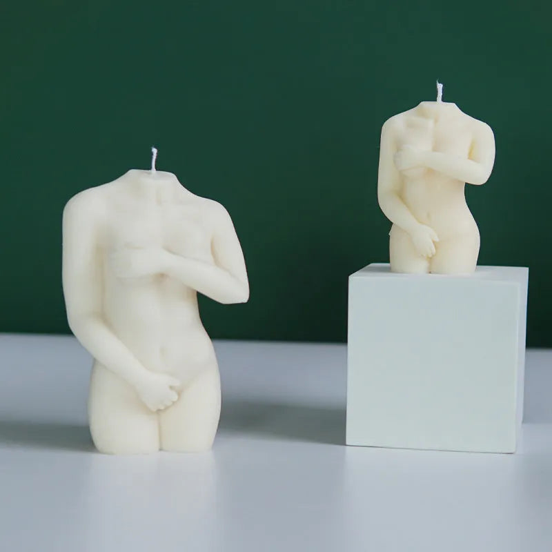 Flexible silicone shy female body candle mould shown in three different design variations.