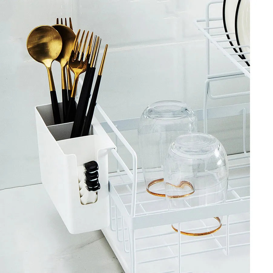 Double dish rack with double tier wire construction, removable upper layer, and bottom drain tray in black colour