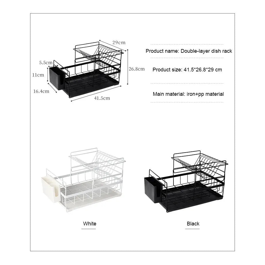 Double dish rack with double tier wire construction, removable upper layer, and bottom drain tray in black colour