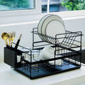 Double dish rack with double tier wire construction, removable upper layer, and bottom drain tray in black colour