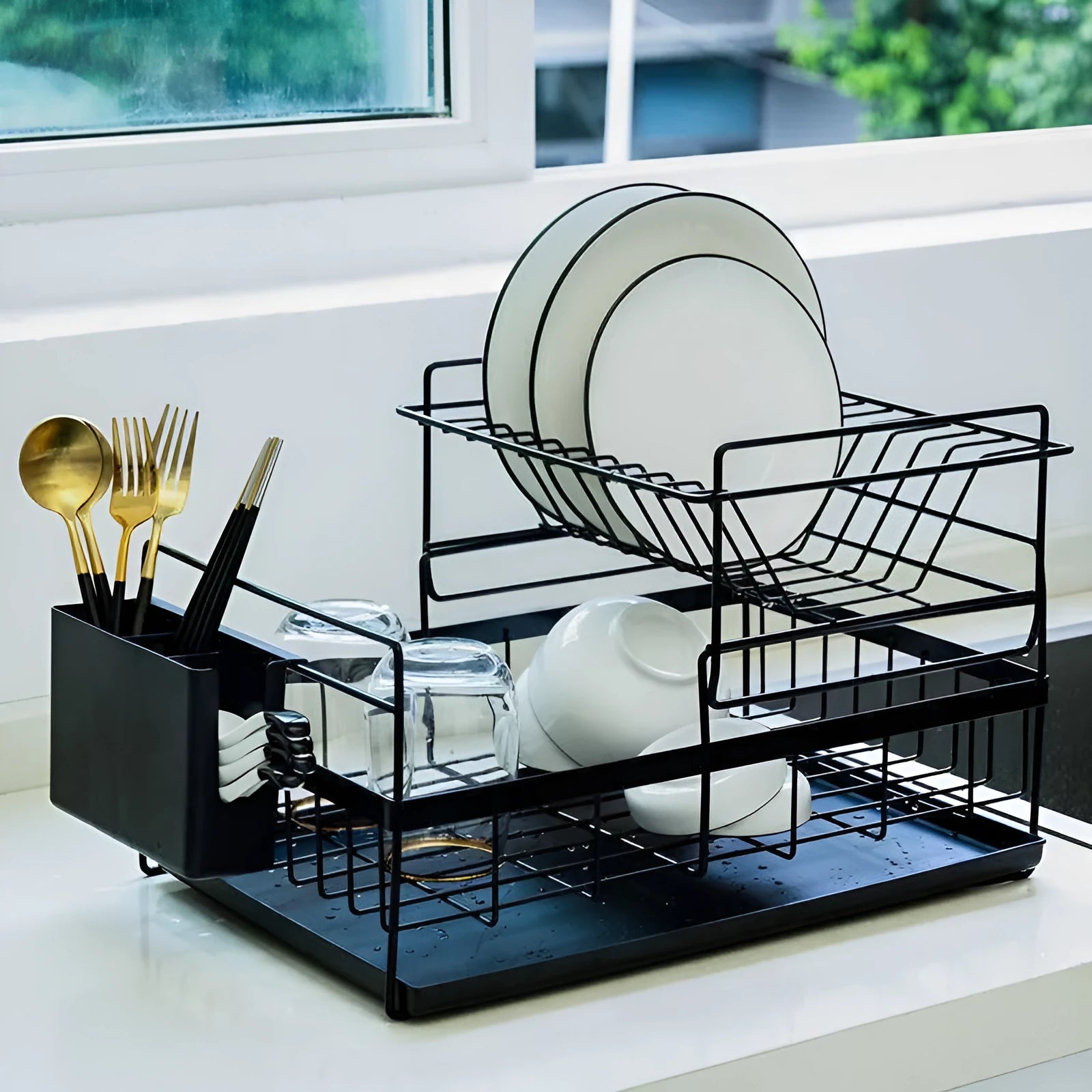 Double dish rack with double tier wire construction, removable upper layer, and bottom drain tray in black colour