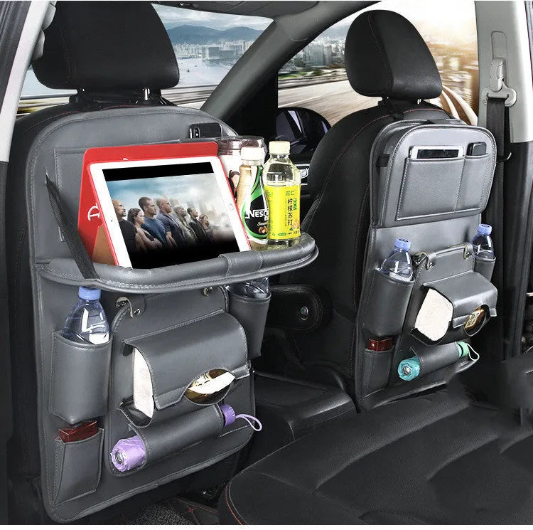 PU leather car storage hanging bag with multiple pockets attached to car seat back
