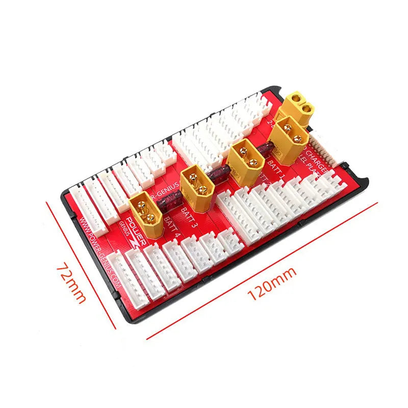 RC battery parallel charging board with four balance ports, gold connectors, and safety fuses