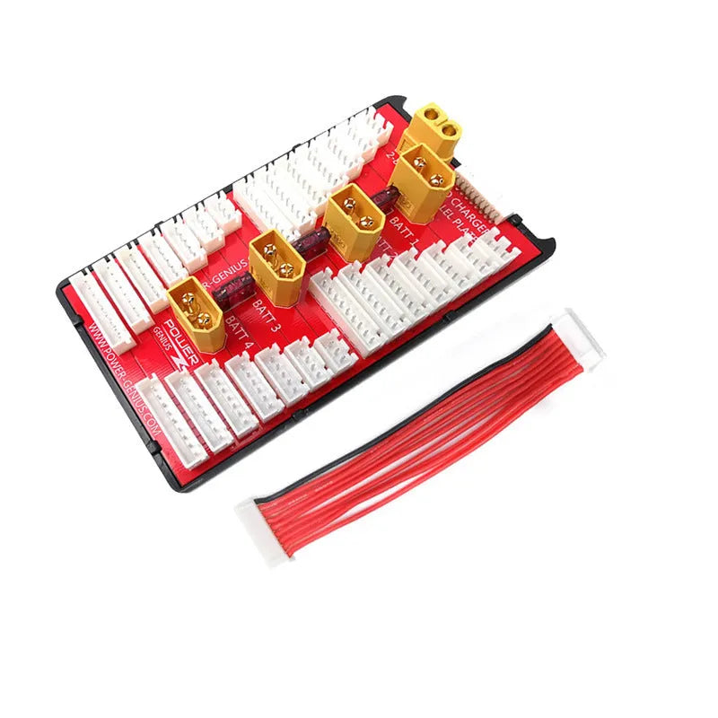 RC battery parallel charging board with four balance ports, gold connectors, and safety fuses