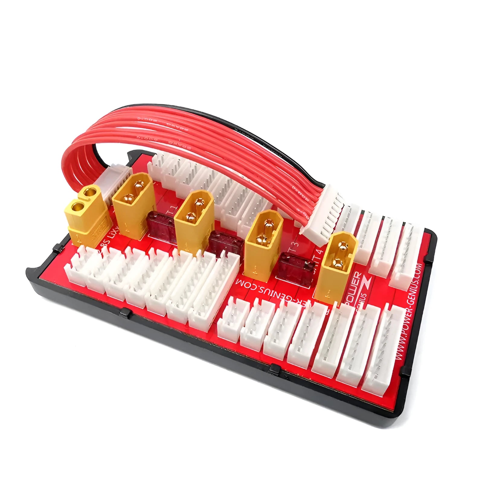 RC battery parallel charging board with four balance ports, gold connectors, and safety fuses