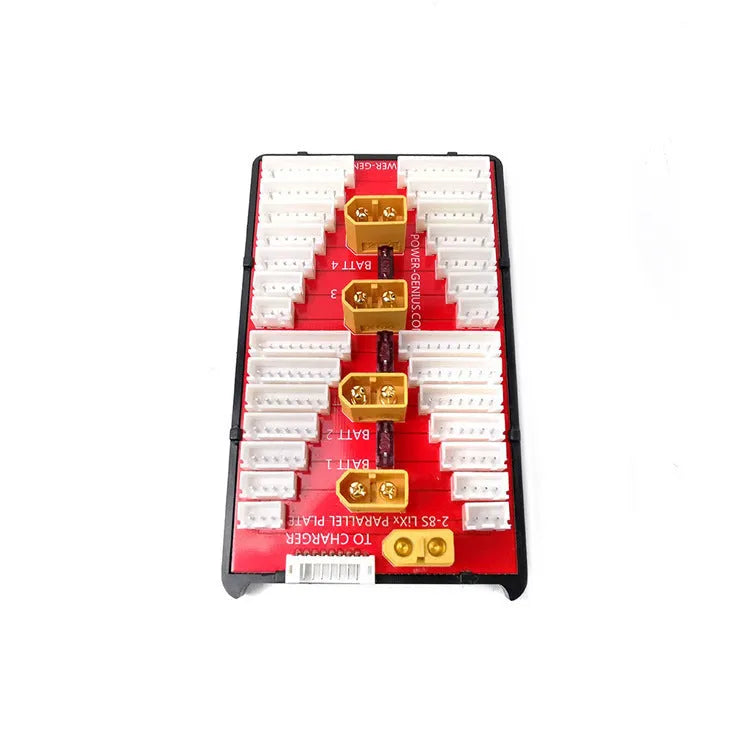 RC battery parallel charging board with four balance ports, gold connectors, and safety fuses