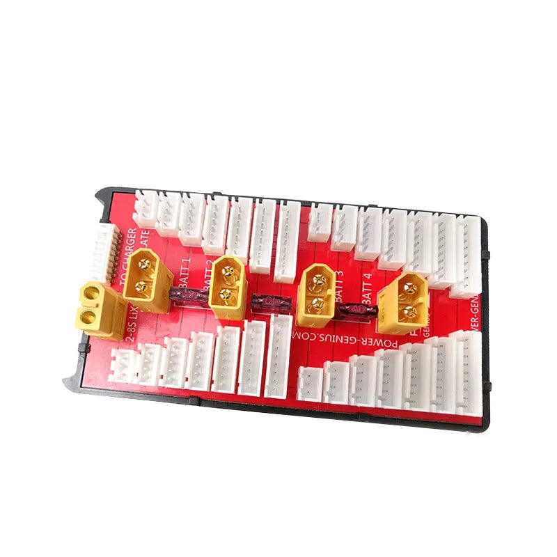 RC battery parallel charging board with four balance ports, gold connectors, and safety fuses