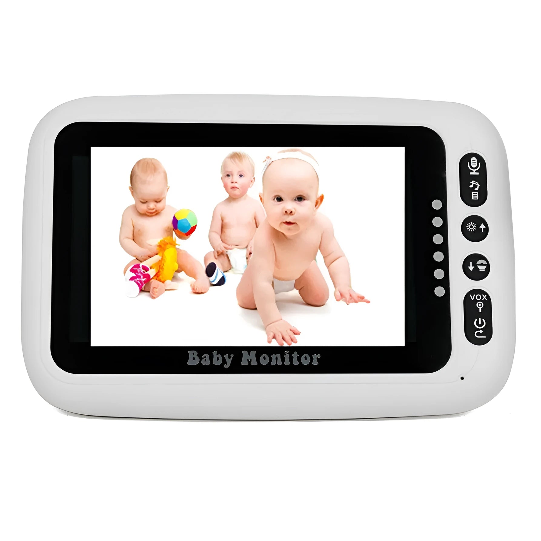 Wireless 4.3 inch baby monitor with night vision, two-way intercom, and temperature display on a white background