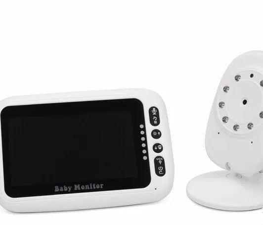 Wireless 4.3 inch baby monitor with night vision, two-way intercom, and temperature display on a white background