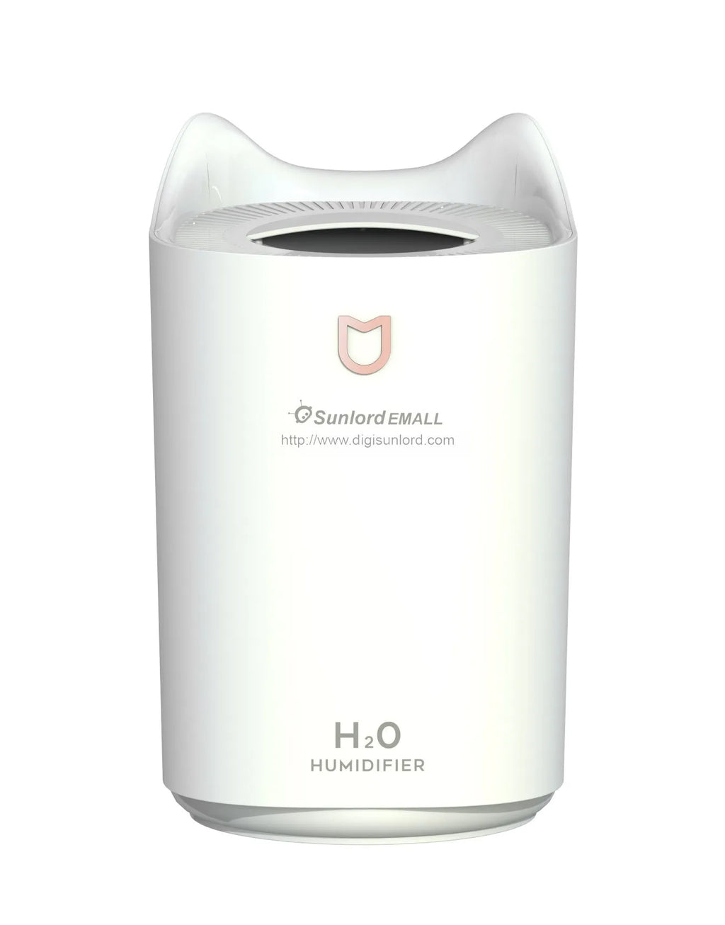 Coral Pink double spray USB humidifier and aroma diffuser with three mist outlets on a wooden table.