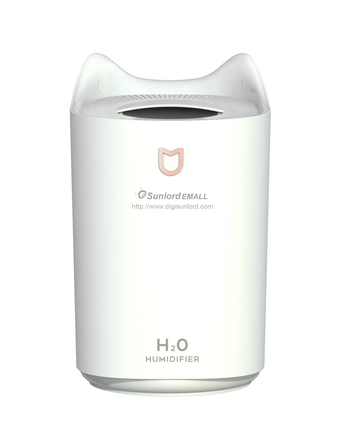 Coral Pink double spray USB humidifier and aroma diffuser with three mist outlets on a wooden table.
