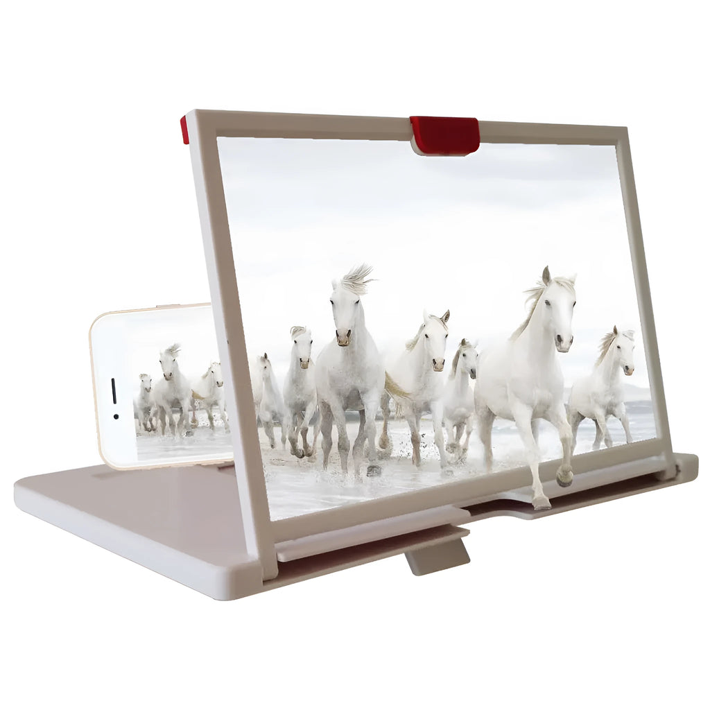 Desktop mobile phone screen magnifier holder showing enlarged smartphone display with anti-blue light feature