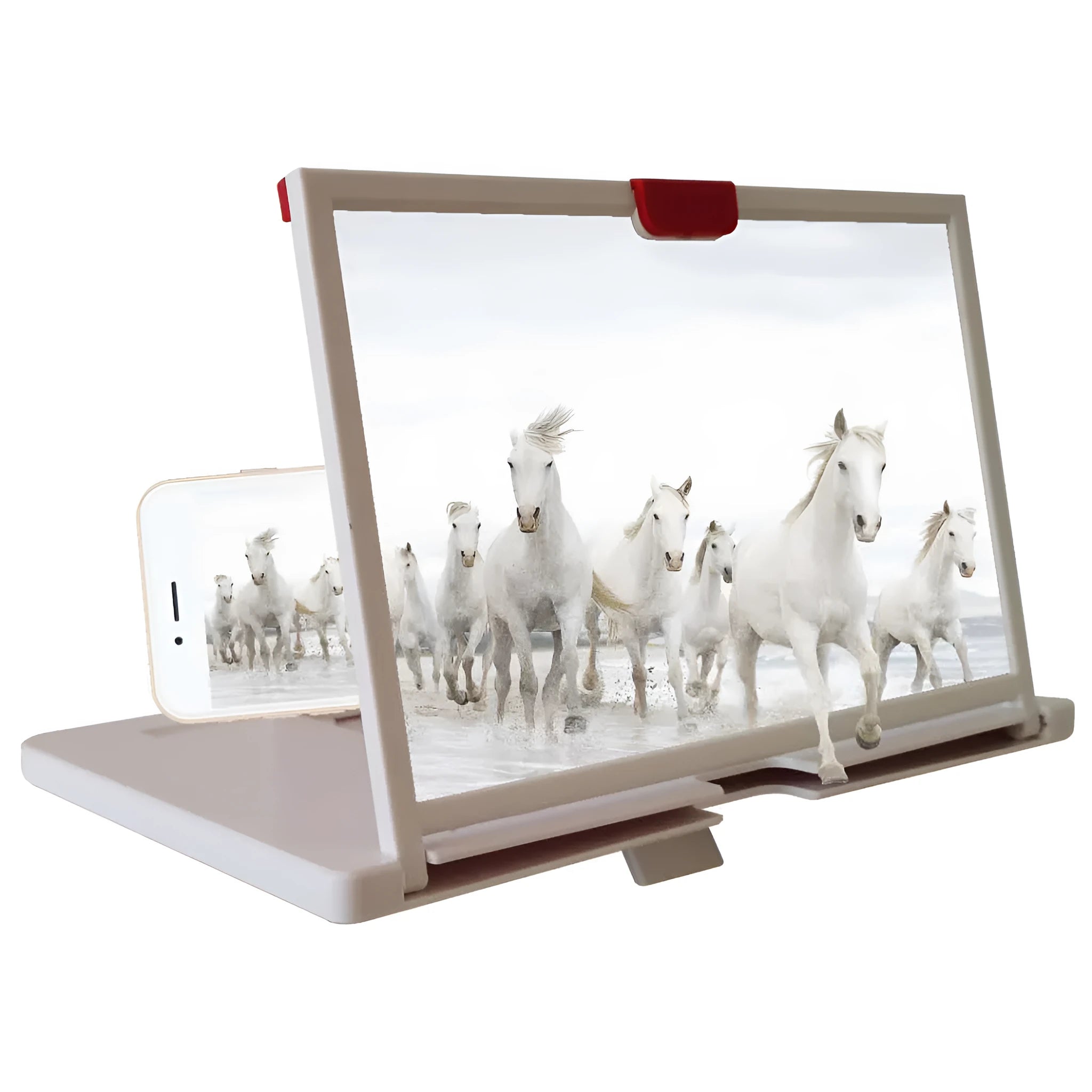 Desktop mobile phone screen magnifier holder showing enlarged smartphone display with anti-blue light feature