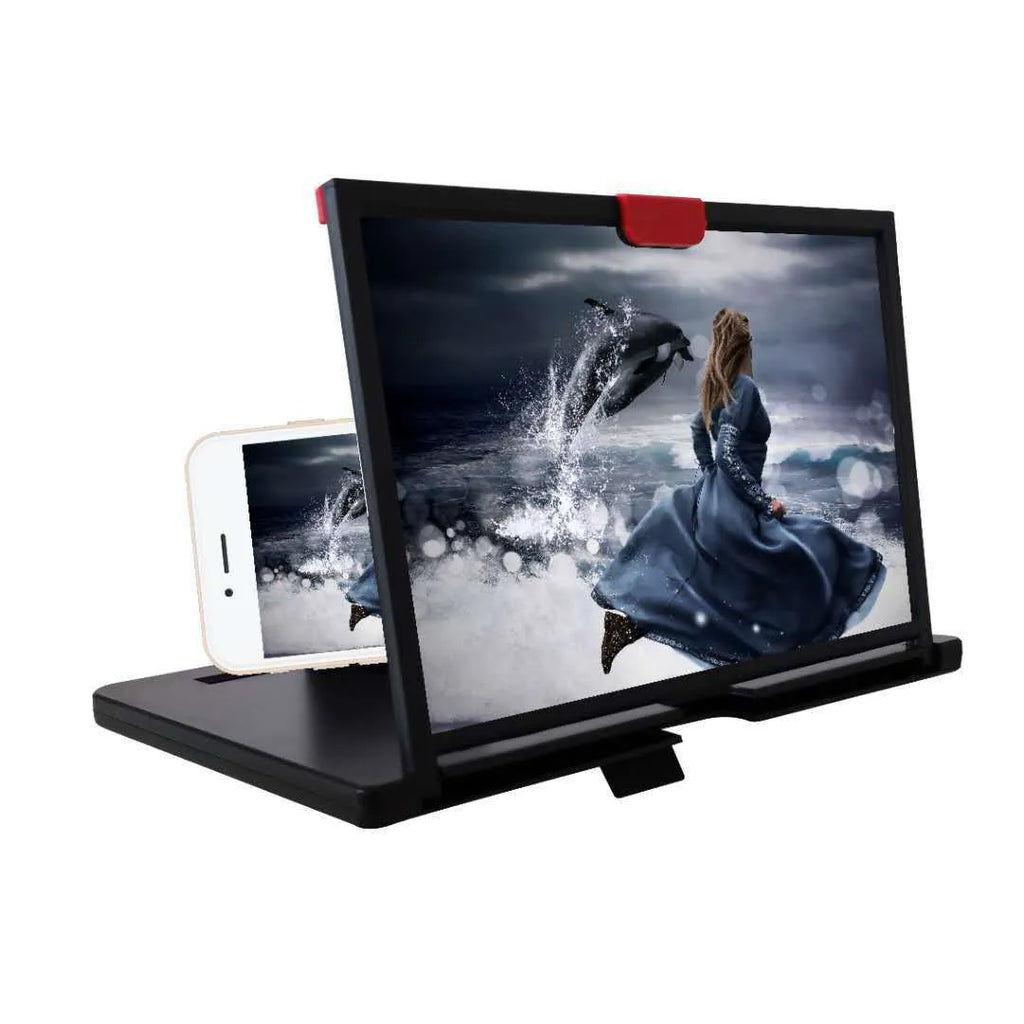 Desktop mobile phone screen magnifier holder showing enlarged smartphone display with anti-blue light feature