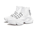 Men's black and white casual sports shoes showing mesh lining and large size options.