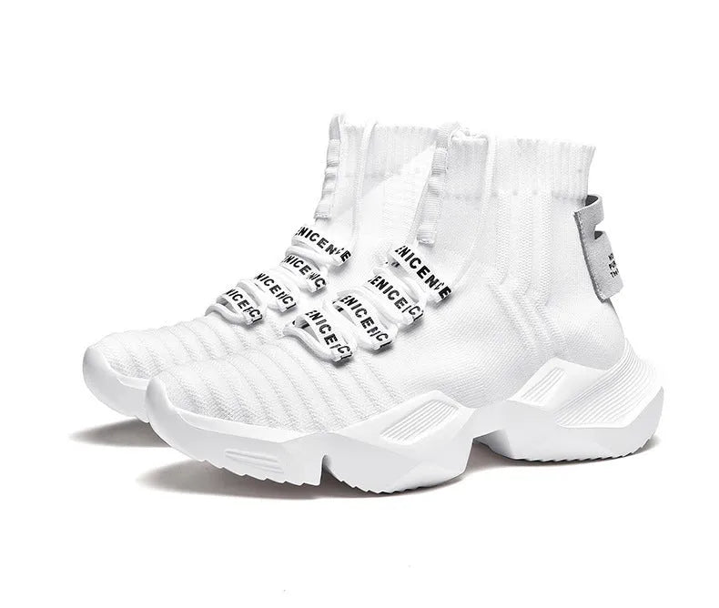 Men's black and white casual sports shoes showing mesh lining and large size options.