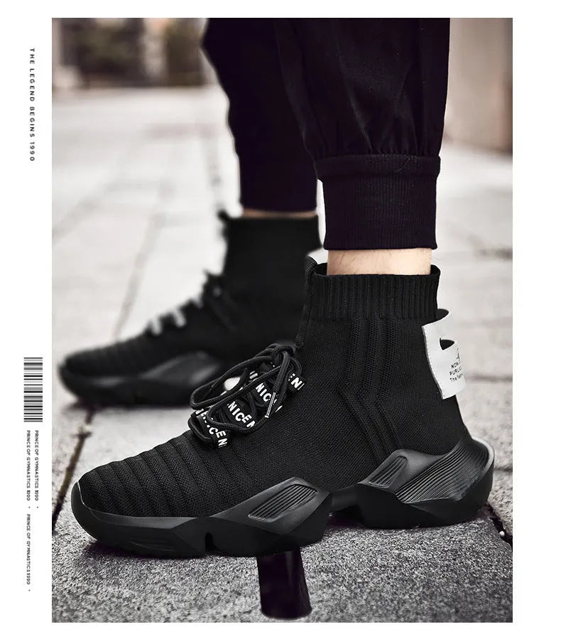 Men's black and white casual sports shoes showing mesh lining and large size options.