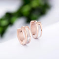 Pair of black titanium steel earrings with geometric shell inlay on white background