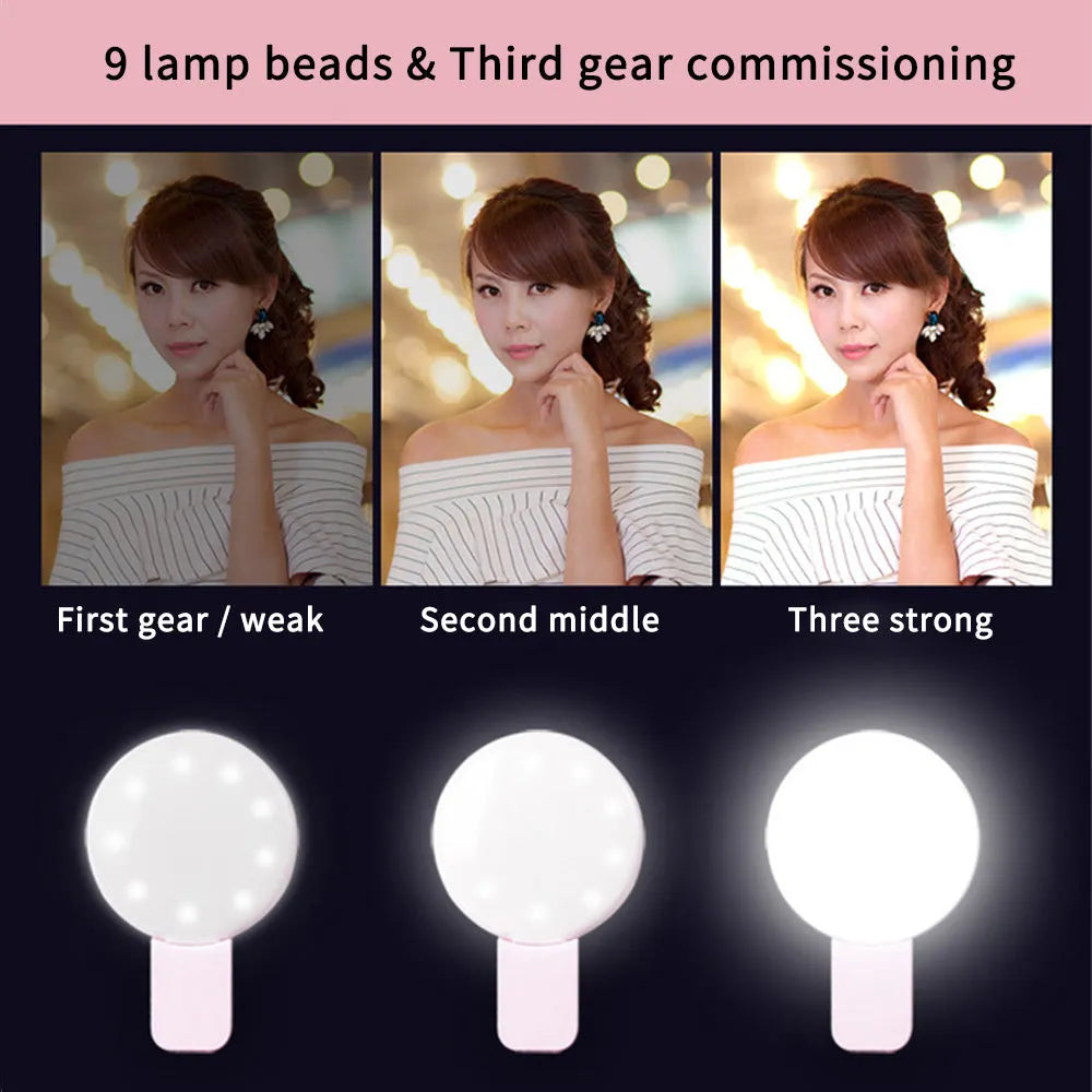 Mini fill light for mobile phone selfie and live streaming in black, blue, pink, and white colours with clip attachment