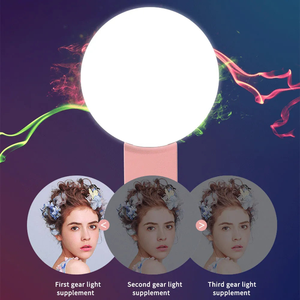 Mini fill light for mobile phone selfie and live streaming in black, blue, pink, and white colours with clip attachment