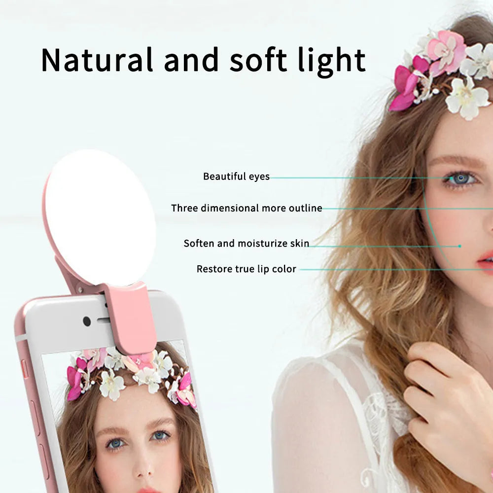 Mini fill light for mobile phone selfie and live streaming in black, blue, pink, and white colours with clip attachment