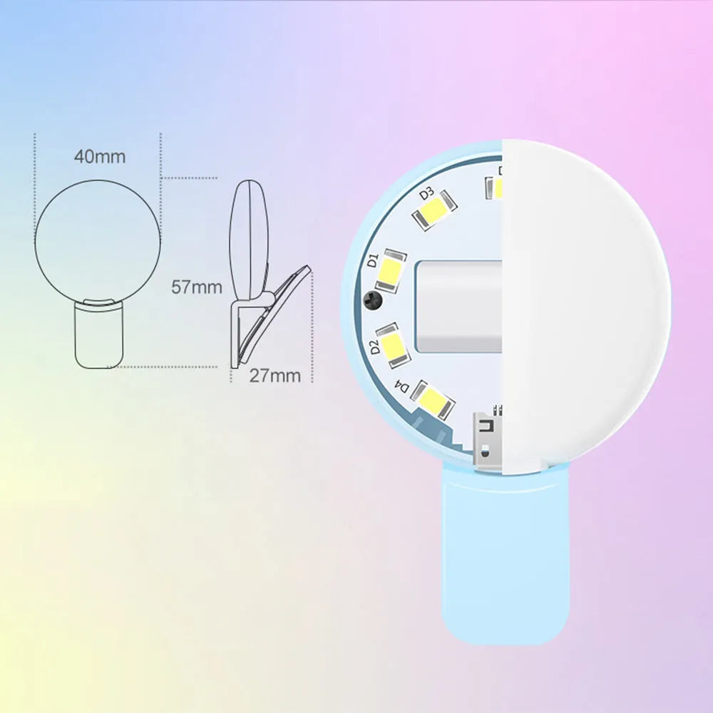 Mini fill light for mobile phone selfie and live streaming in black, blue, pink, and white colours with clip attachment