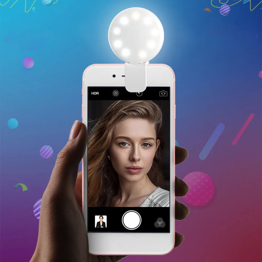 Mini fill light for mobile phone selfie and live streaming in black, blue, pink, and white colours with clip attachment