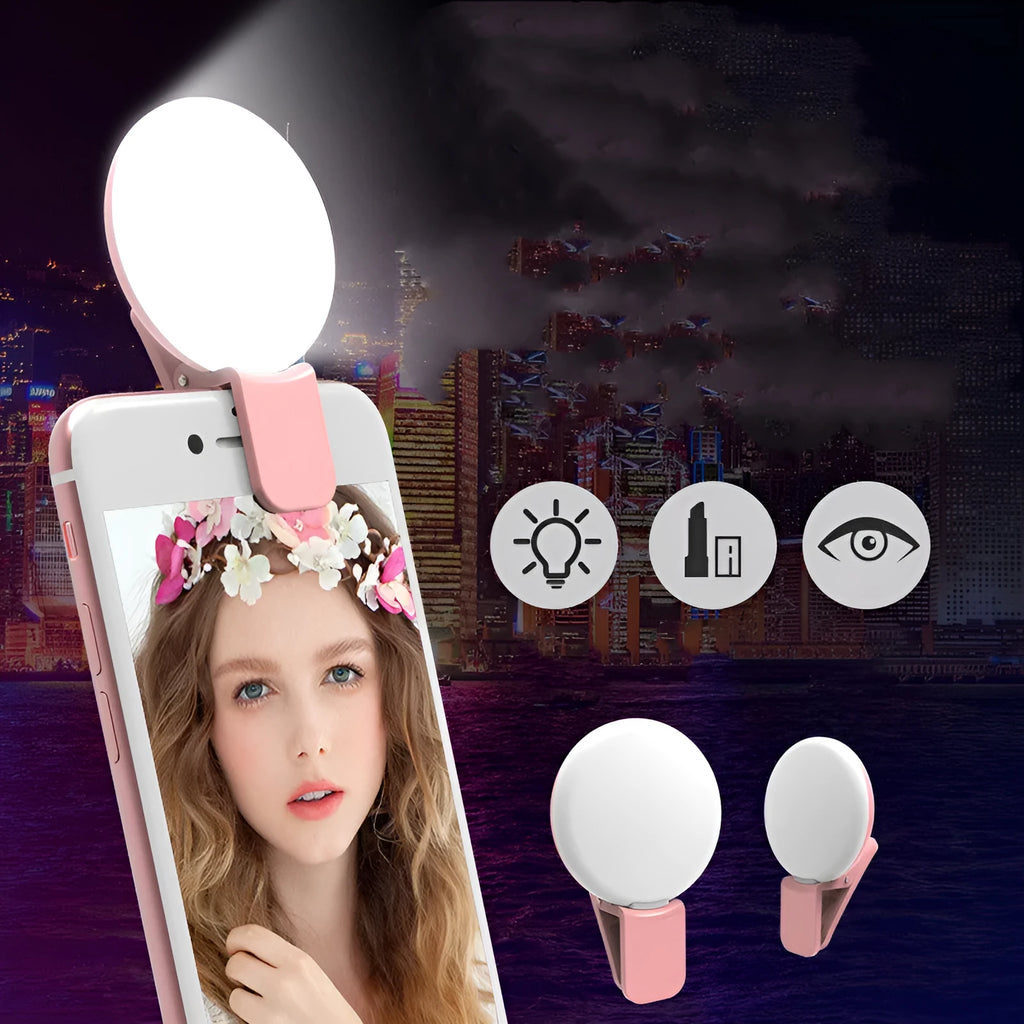 Mini fill light for mobile phone selfie and live streaming in black, blue, pink, and white colours with clip attachment