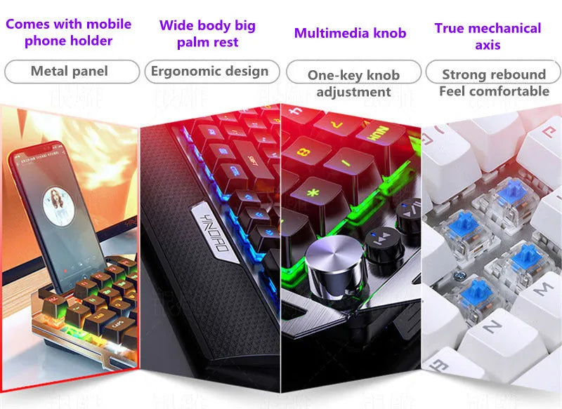 Silver Carving K100 metal mechanical keyboard with black keys and seven-color backlight on a desk