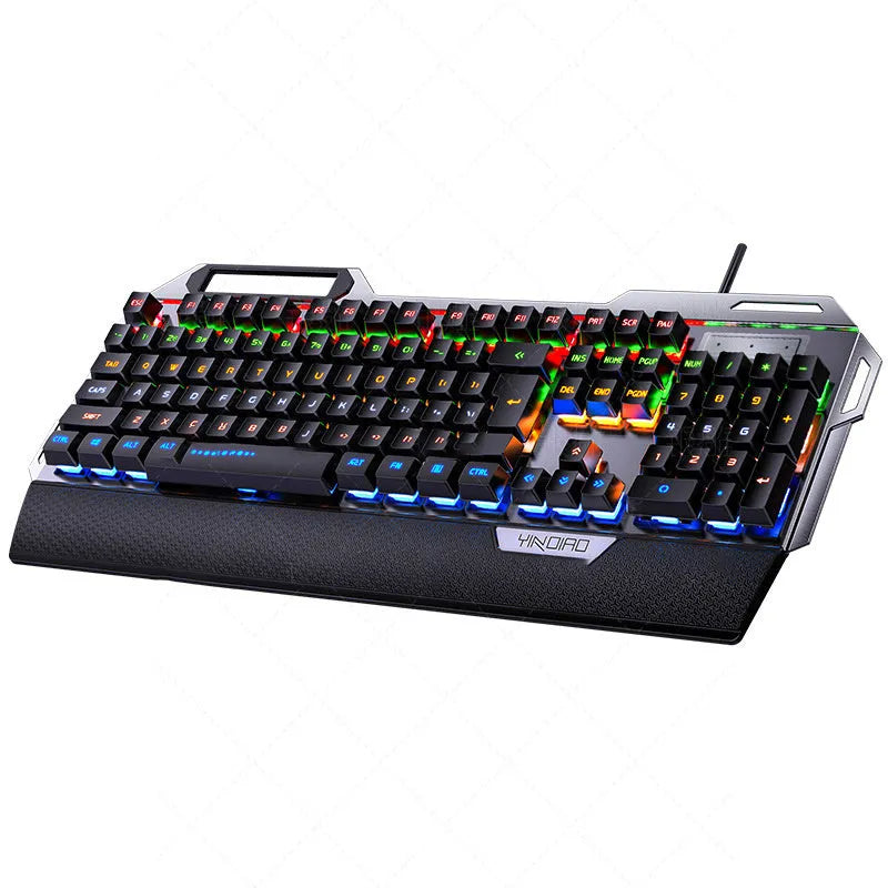 Silver Carving K100 metal mechanical keyboard with black keys and seven-color backlight on a desk