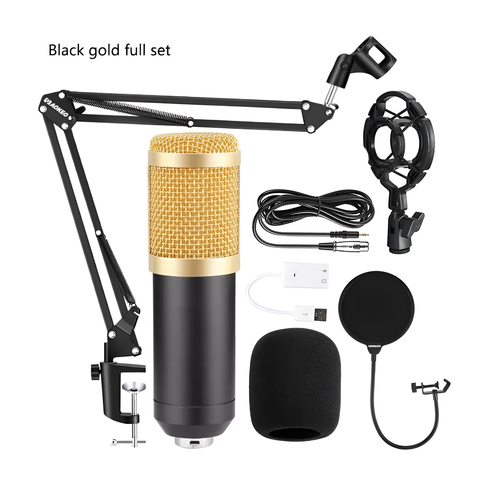 BM800 condenser microphone and V8 sound card set with desk stand and pop filter on a black background.