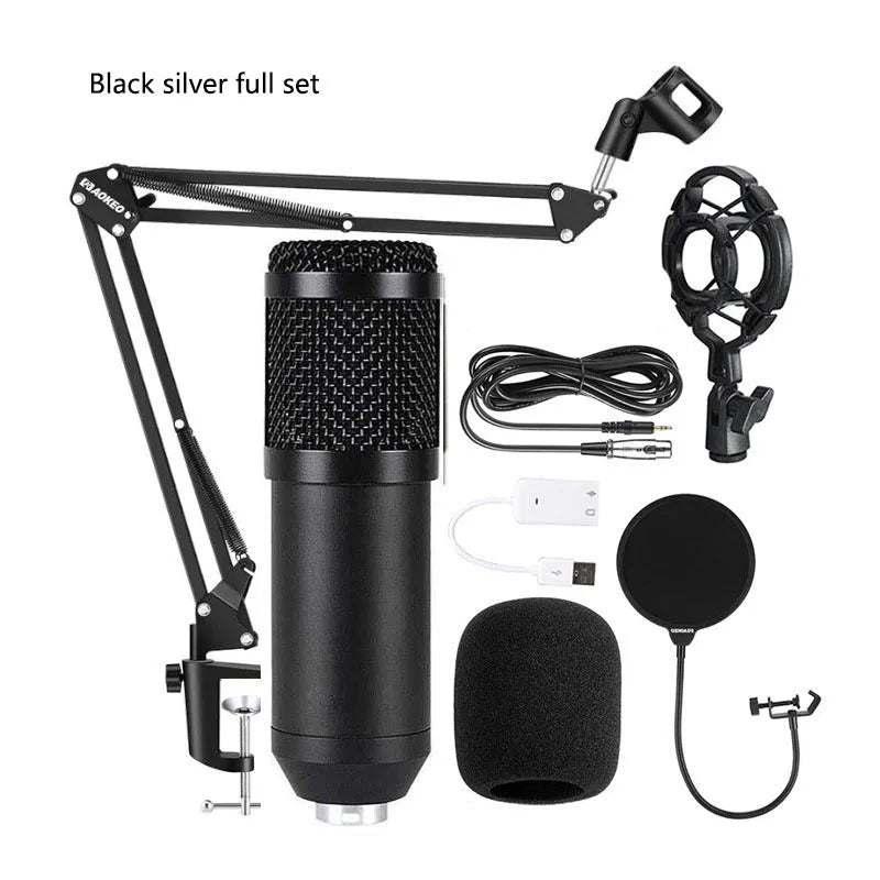 BM800 condenser microphone and V8 sound card set with desk stand and pop filter on a black background.