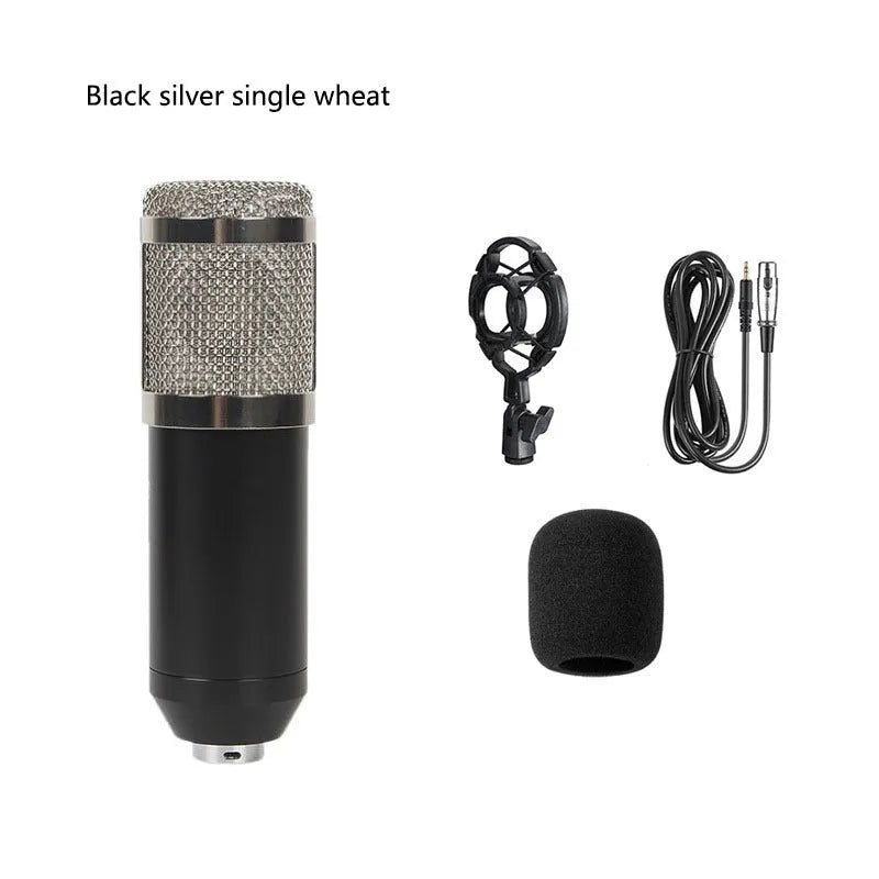 BM800 condenser microphone and V8 sound card set with desk stand and pop filter on a black background.