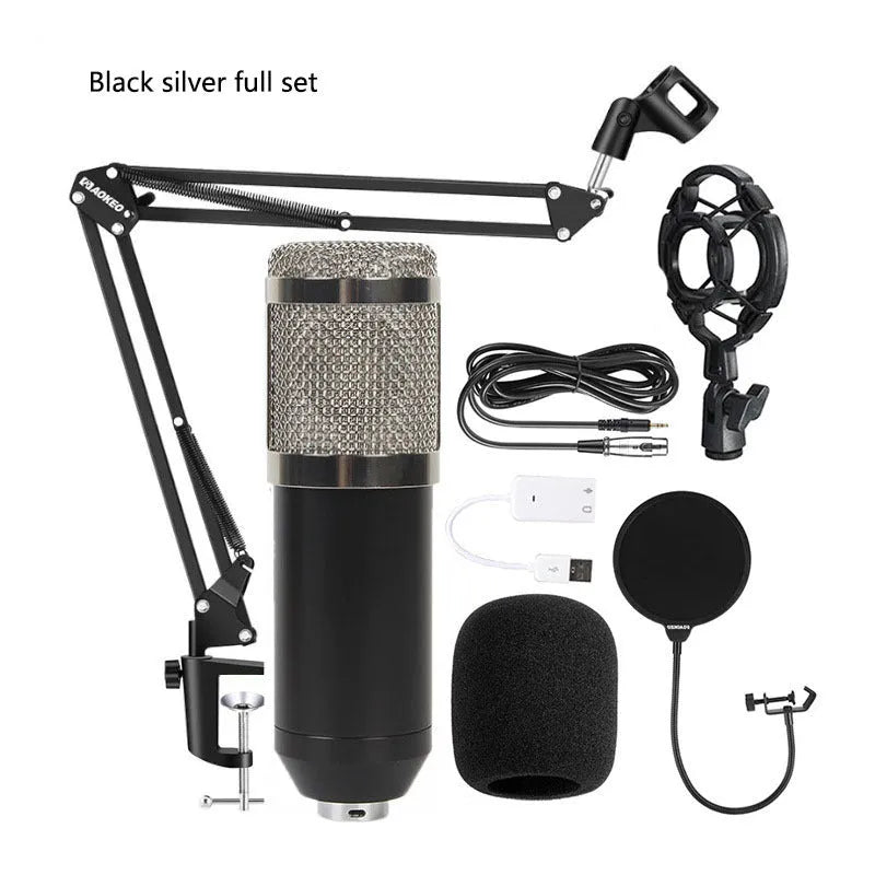 BM800 condenser microphone and V8 sound card set with desk stand and pop filter on a black background.