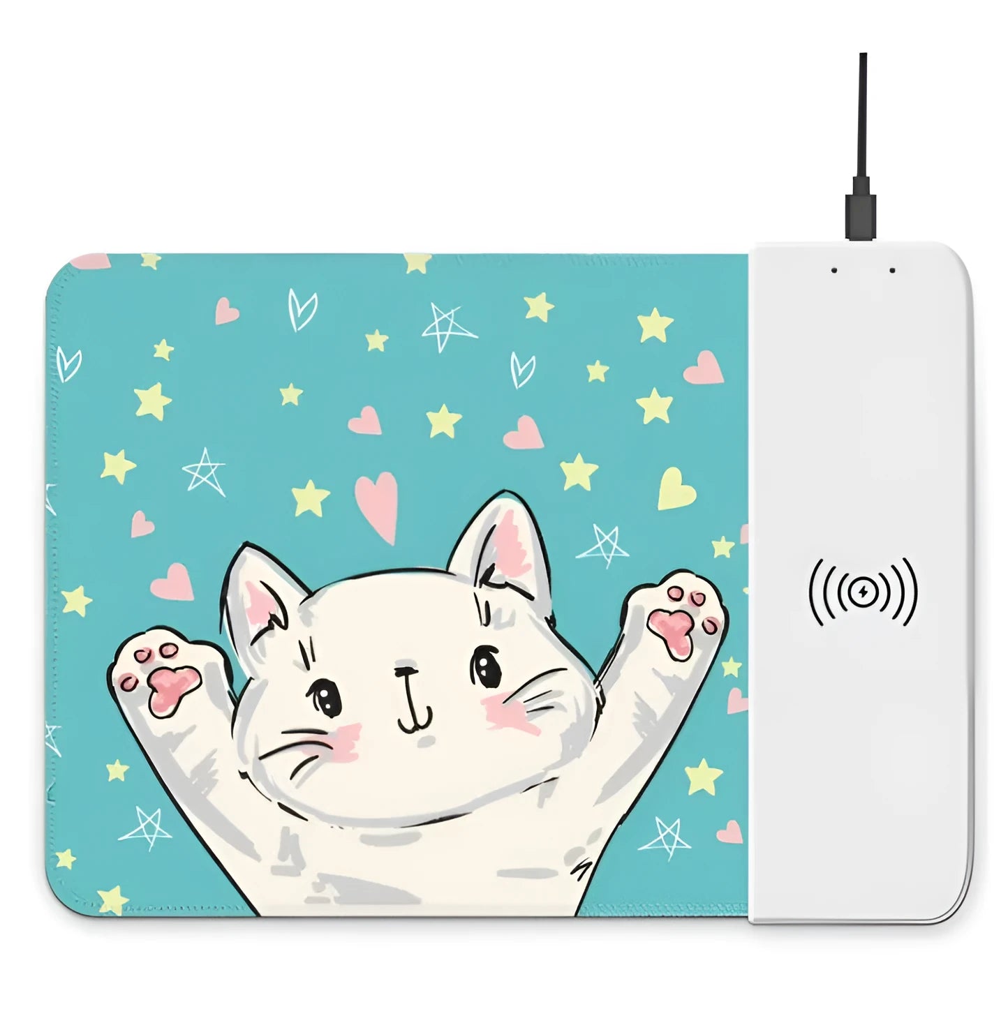 Cartoon design wireless charging mouse pad with RGB lights on a desk
