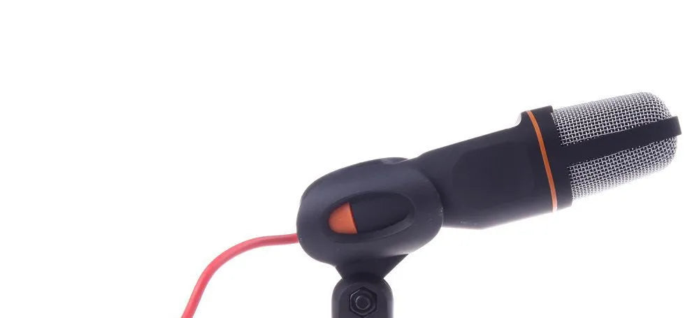 Black wired clip-on PC microphone with adjustable metal holder bracket and 1.85m cable