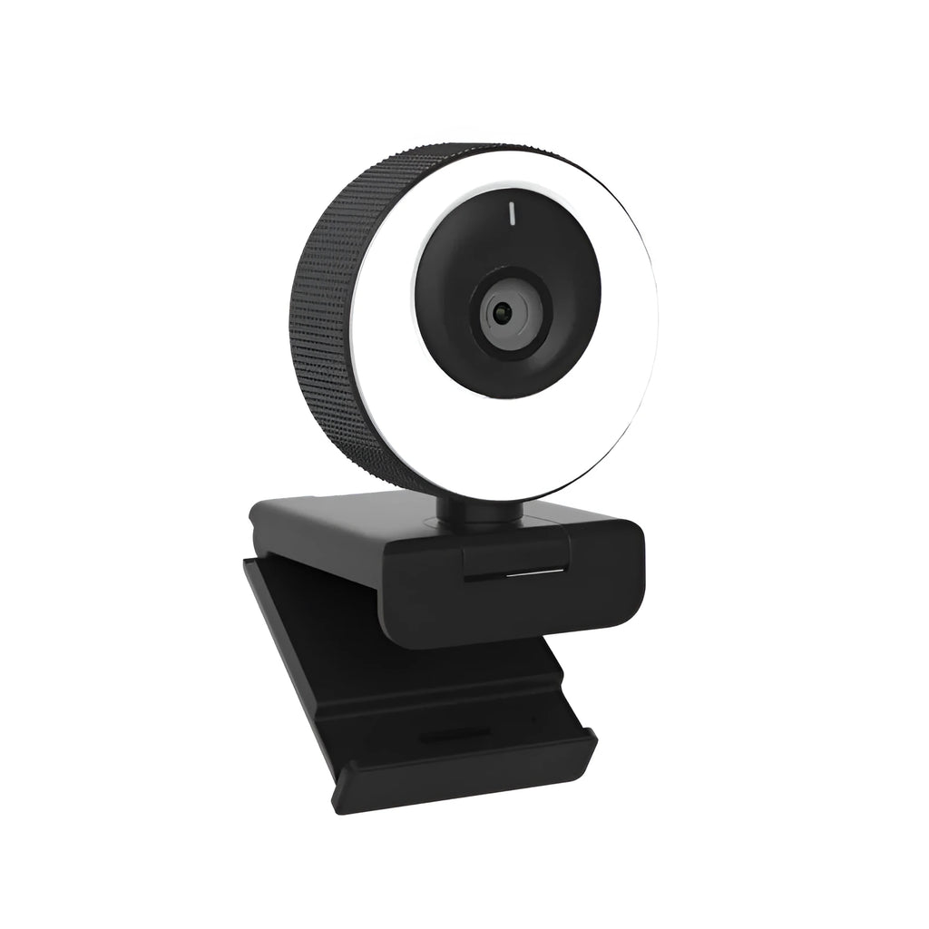 Black USB webcam on a desk with a 1.7m cable, showing a magnetic privacy cover next to the lens.