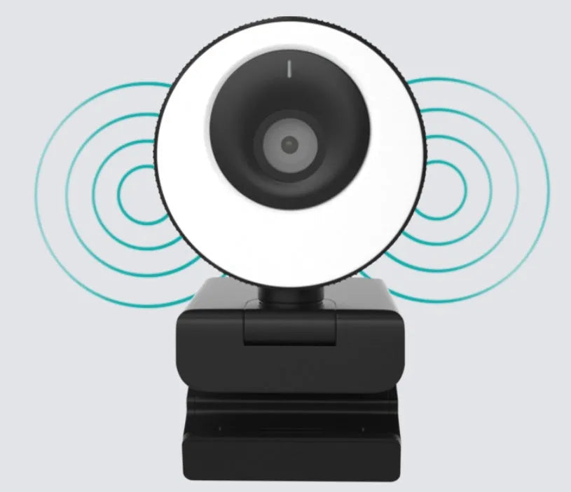 Black USB webcam on a desk with a 1.7m cable, showing a magnetic privacy cover next to the lens.