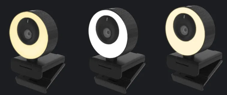 Black USB webcam on a desk with a 1.7m cable, showing a magnetic privacy cover next to the lens.