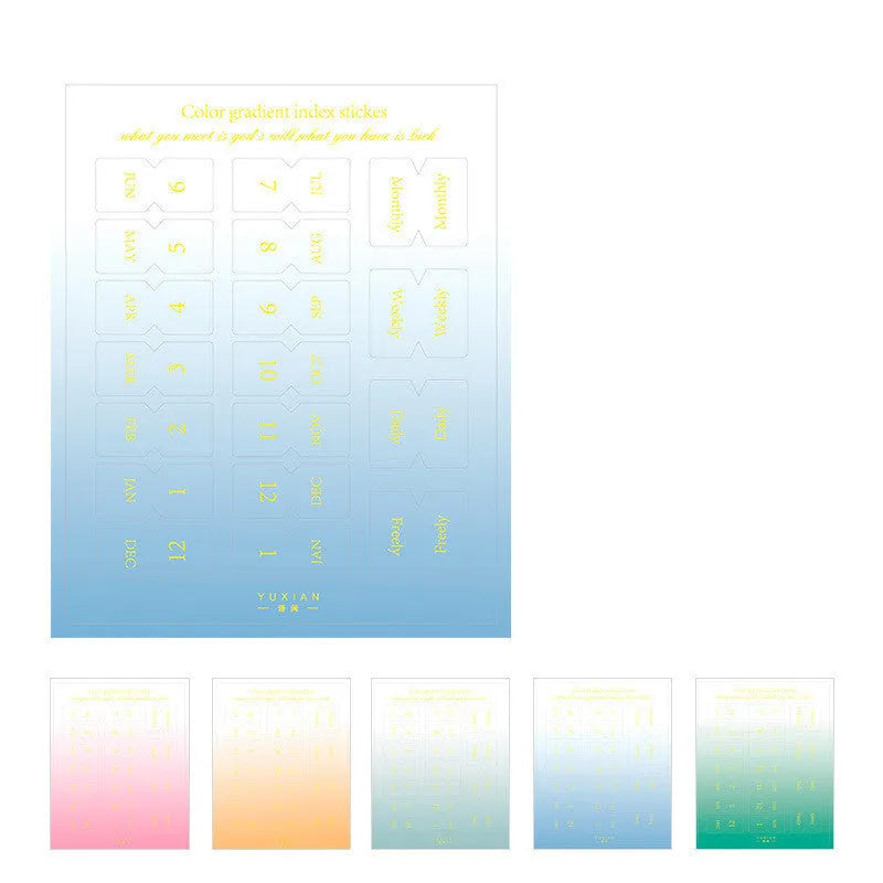 Yunmu Groceries Symphony Gradient Morandi label sticker pack with 10 sheets of 88x110mm bookmark stickers in four colour options