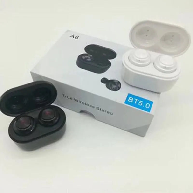 Black A6 TWS wireless Bluetooth earbuds with charging case