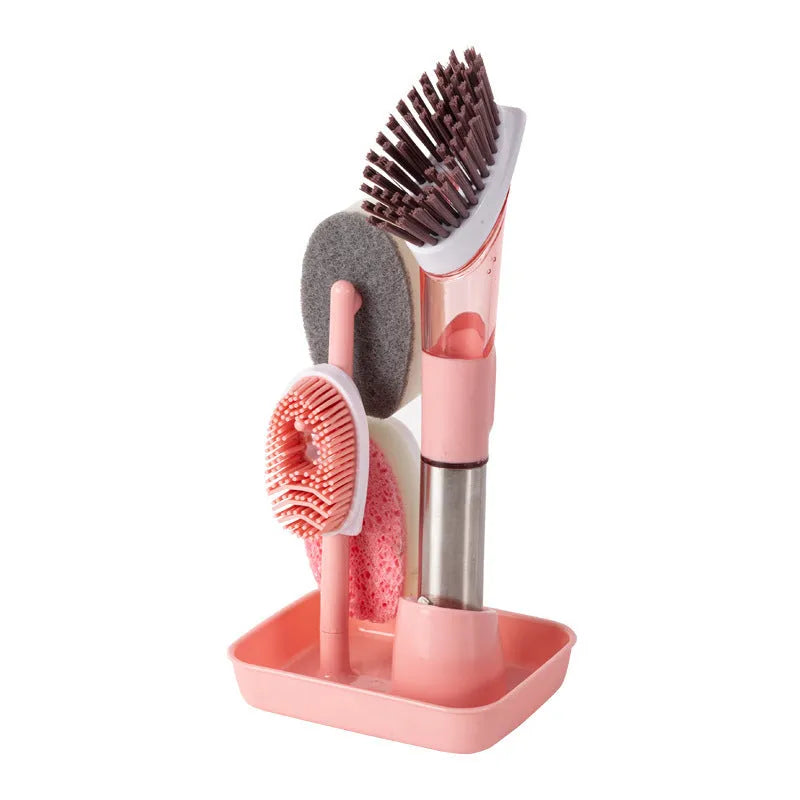 Multifunctional dish brush with soap dispenser, long handle, scouring block and sponge, in blue colour on a kitchen counter