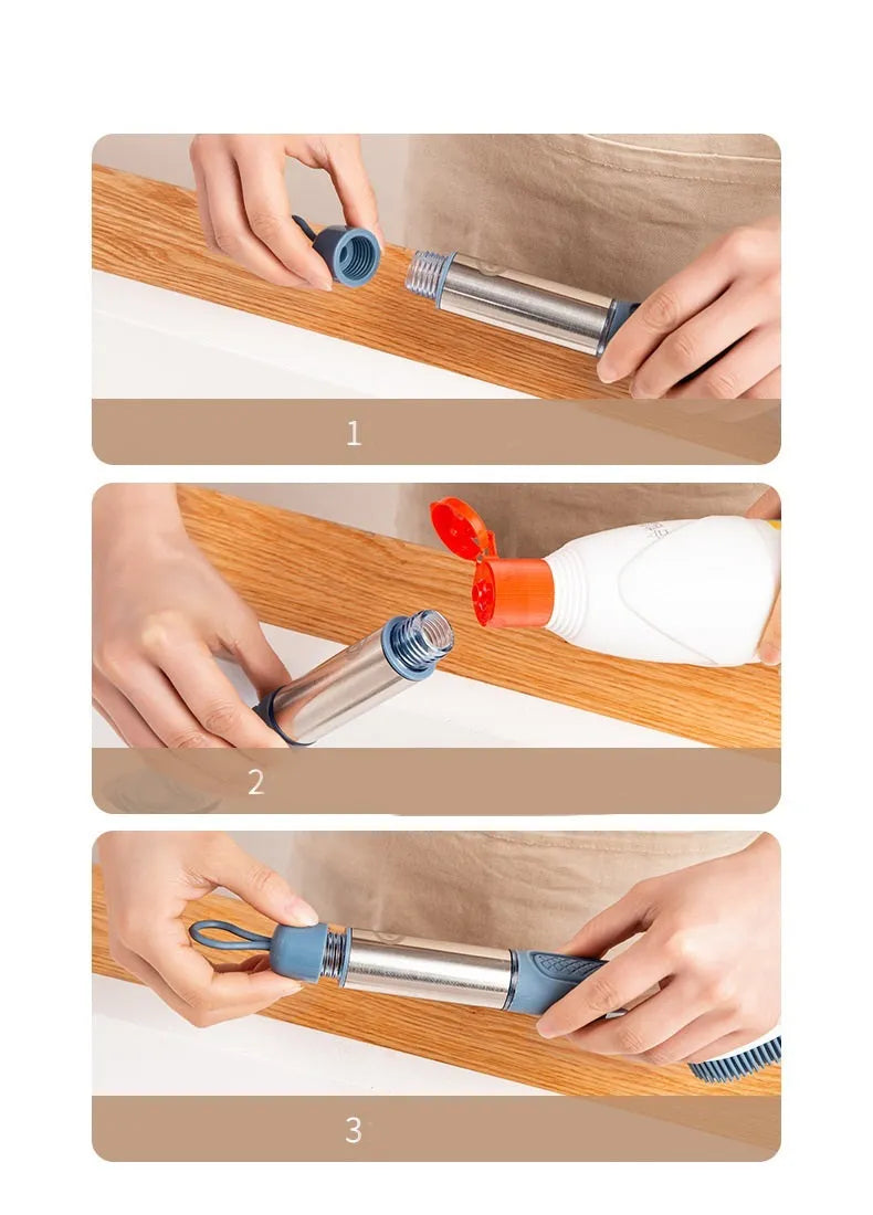 Multifunctional dish brush with soap dispenser, long handle, scouring block and sponge, in blue colour on a kitchen counter