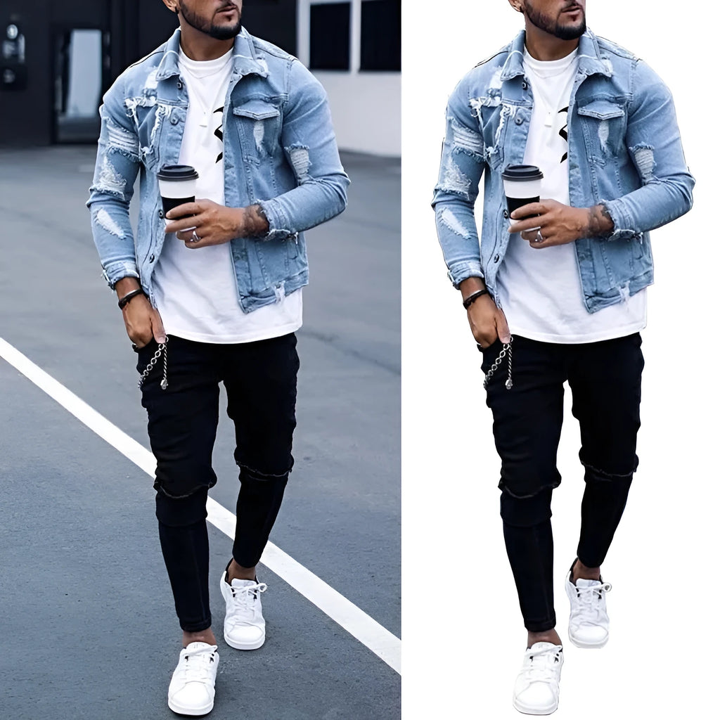Men's light blue ripped irregular wash cotton denim jacket with lapel collar, front view
