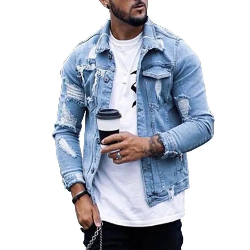 Men's light blue ripped irregular wash cotton denim jacket with lapel collar, front view