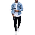Men's light blue ripped irregular wash cotton denim jacket with lapel collar, front view