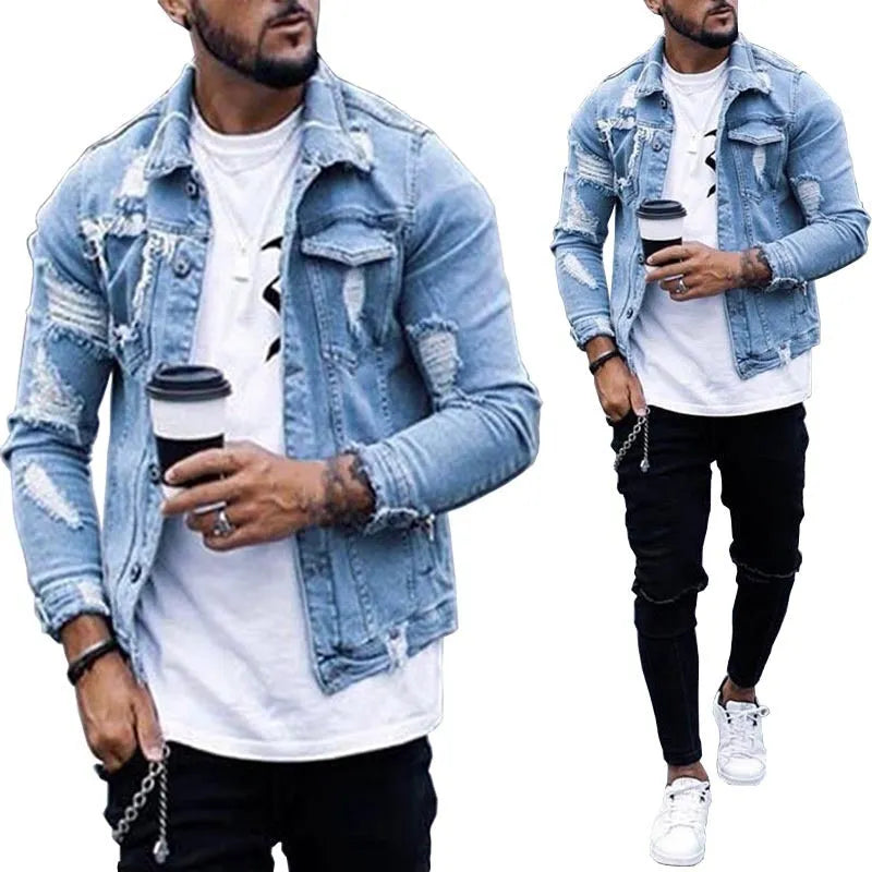 Men's light blue ripped irregular wash cotton denim jacket with lapel collar, front view