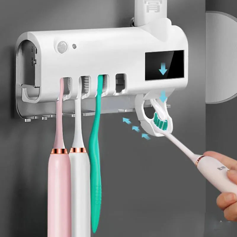 Intelligent UV toothbrush sterilizer with automatic toothpaste squeezer in black, wall-mounted